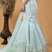 Pastel Blue Fish Cut Lehenga With Ruffle detail in Blouse and Dupatta