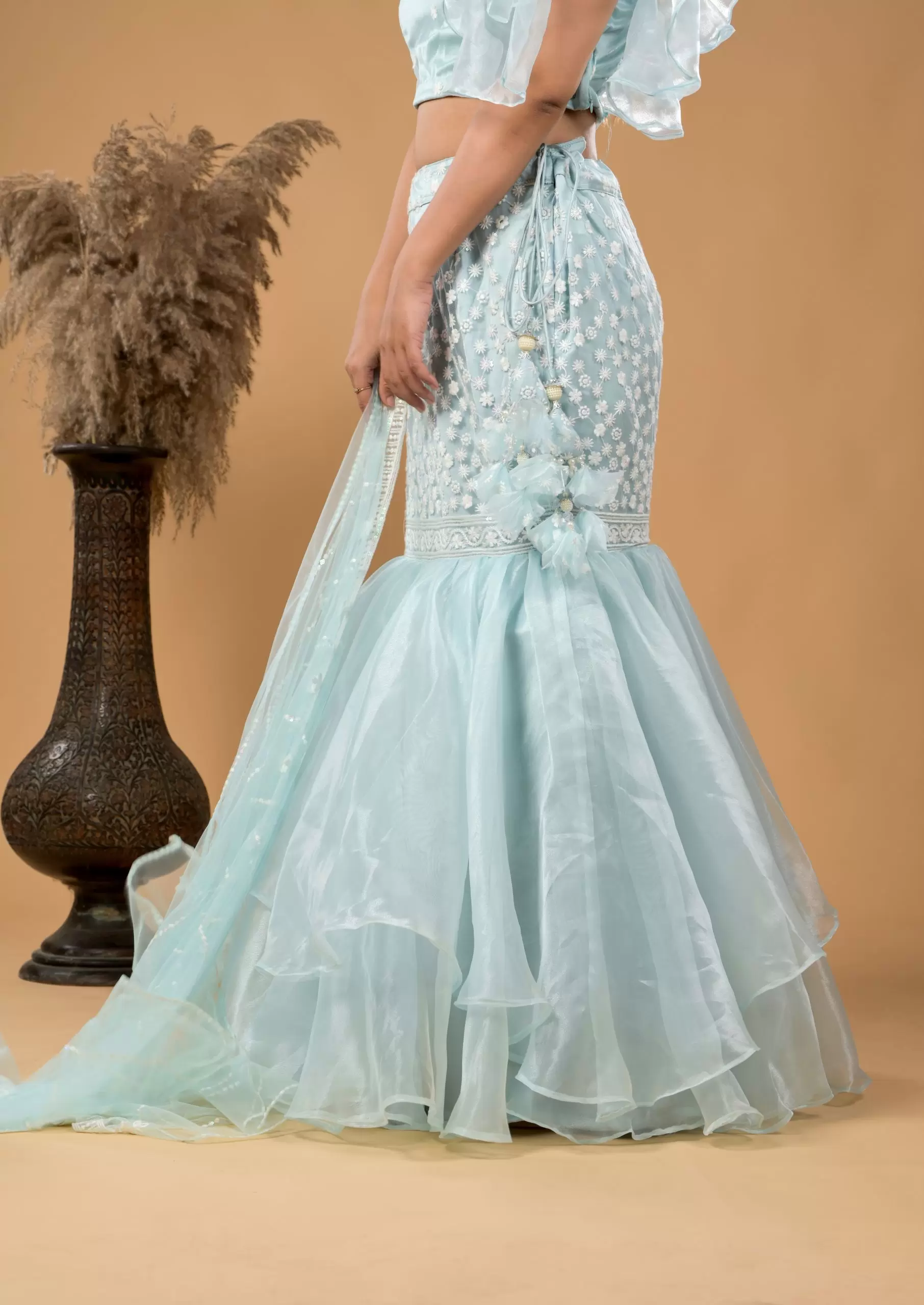 Pastel Blue Fish Cut Lehenga With Ruffle detail in Blouse and Dupatta