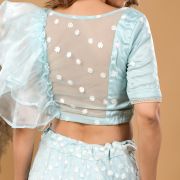 Pastel Blue Fish Cut Lehenga With Ruffle detail in Blouse and Dupatta