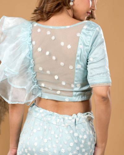 Pastel Blue Fish Cut Lehenga With Ruffle detail in Blouse and Dupatta