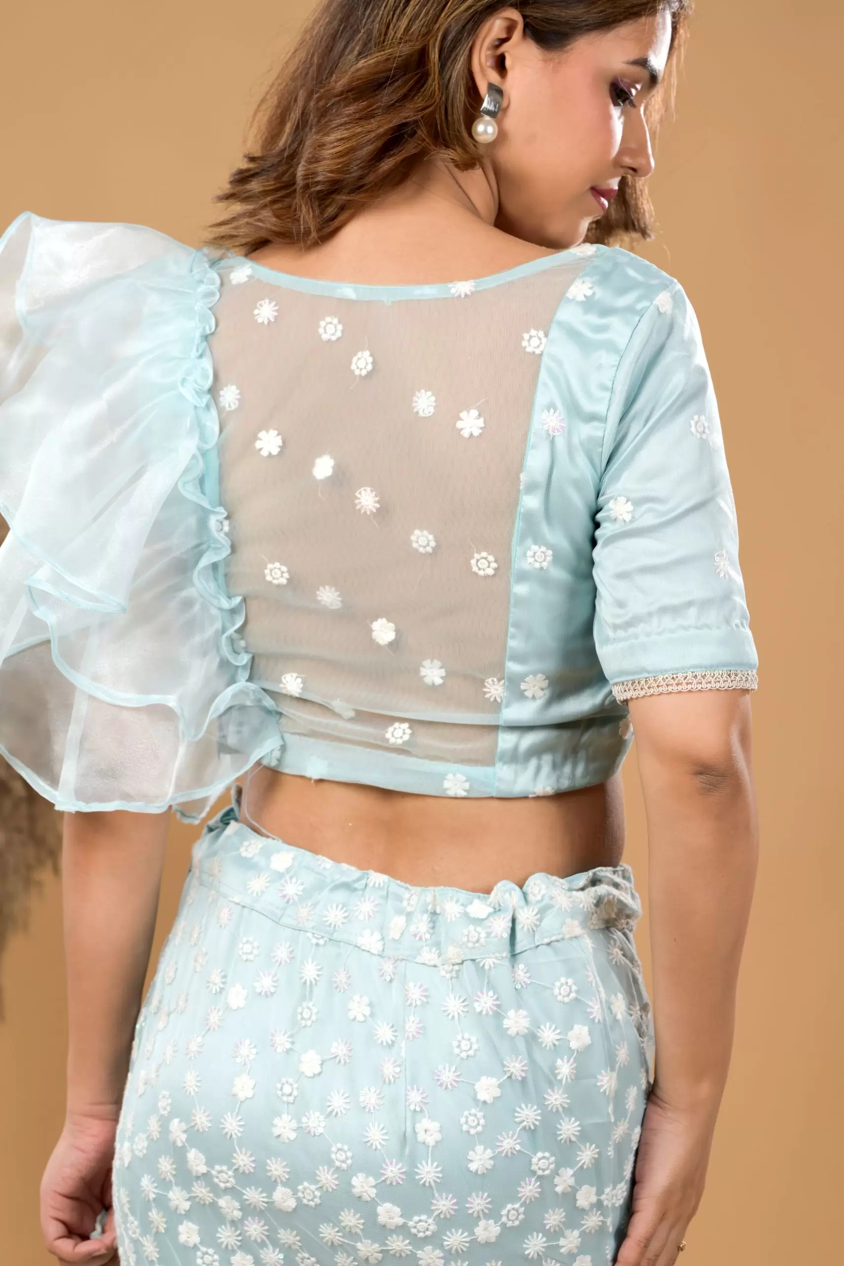 Pastel Blue Fish Cut Lehenga With Ruffle detail in Blouse and Dupatta