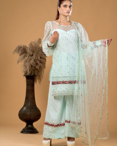 Pastel sea green Kurta and Bell Bottom Pants set with Dupatta