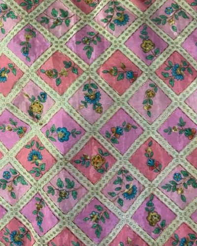 Pink floral buta in check pattern on crepe silk fabric