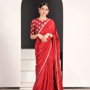 Naveli Red Pure Crepe Saree with Gota and Zari Embroidered Blouse