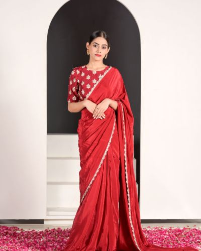 Naveli Red Pure Crepe Saree with Gota and Zari Embroidered Blouse