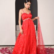 Ruhani Red Long Slit Top with Faux Embroidered Detailing and Pure Crepe Skirt Set with Dupatta