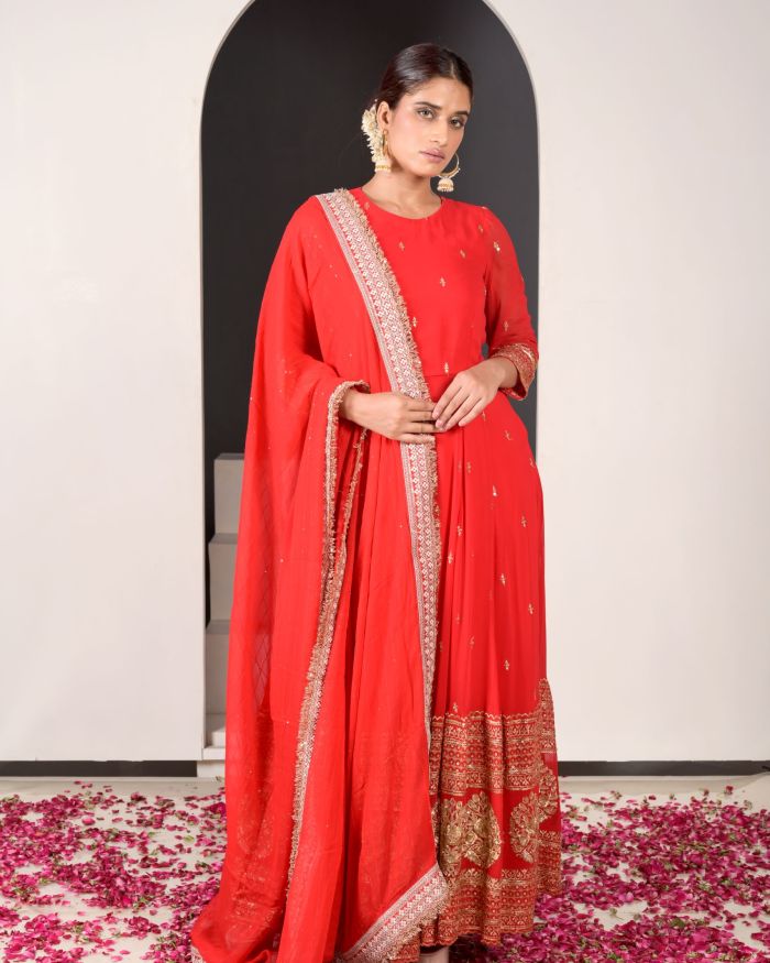 Noorie Red Anarkali Suit with Golden Embroidered Daman on Pure georgette