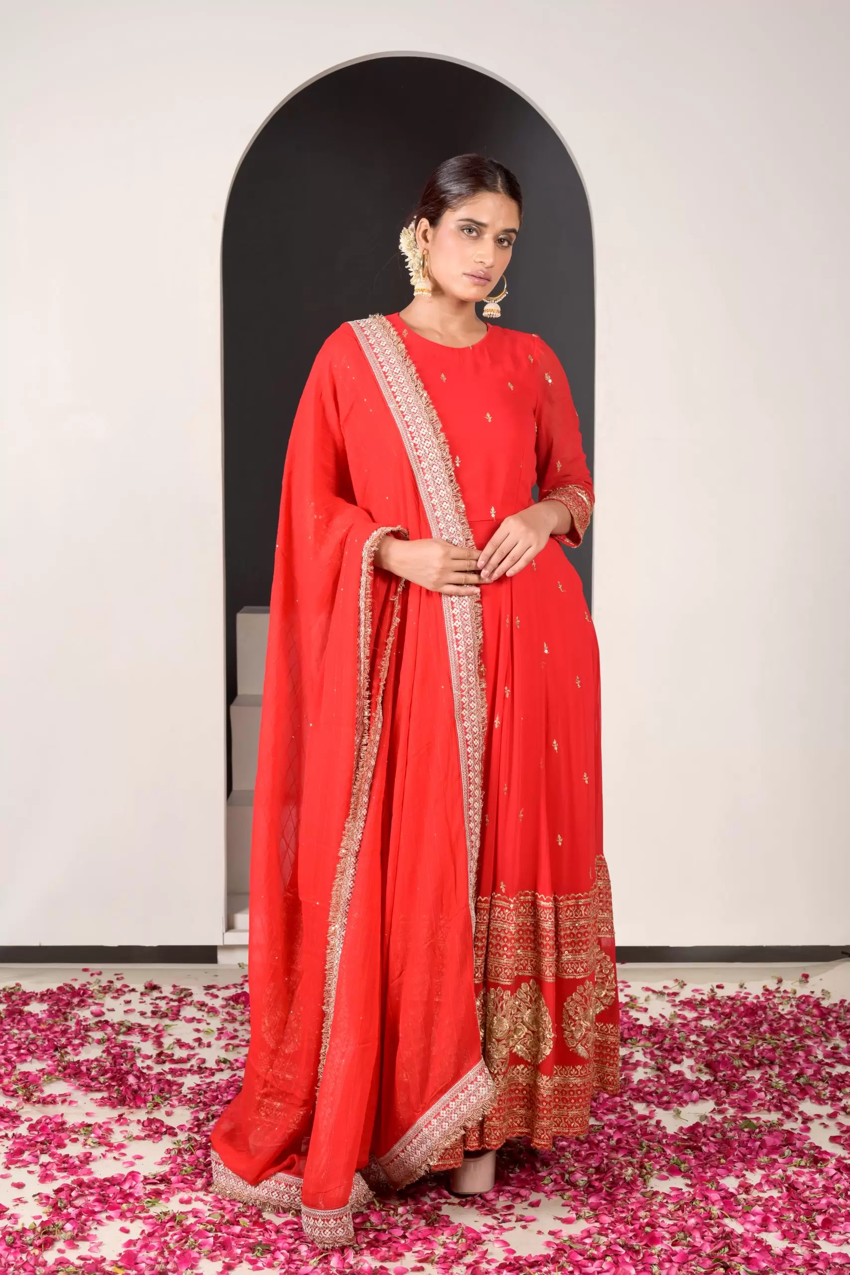 Noorie Red Anarkali Suit with Golden Embroidered Daman on Pure georgette