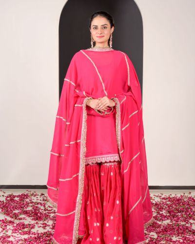 Surkh Pink Sharara Suit with Embroidered Detailing