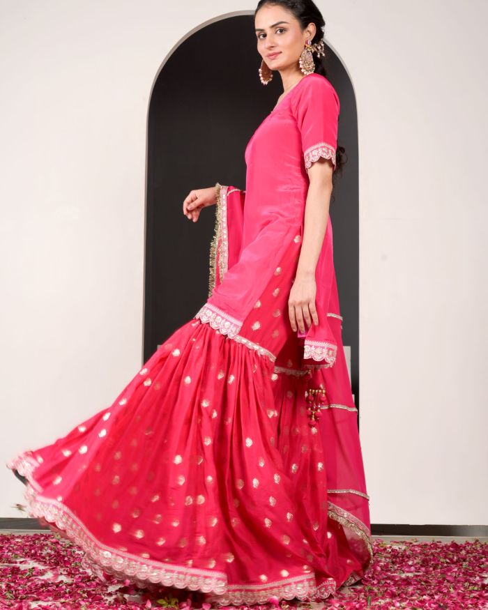 Surkh Pink Sharara Suit with Embroidered Detailing