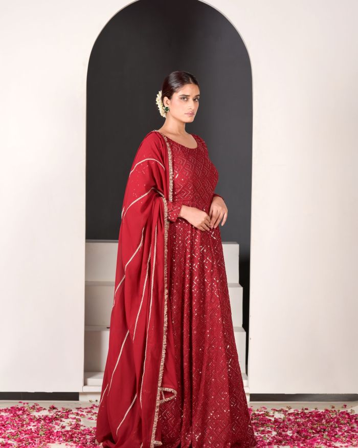 Sargi Red Anarkali Gown with Sequined Detailing