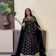 Black Flared Cocktail Gown with Detachable Hand Embroidered Dupatta Drape with Ring Detail
