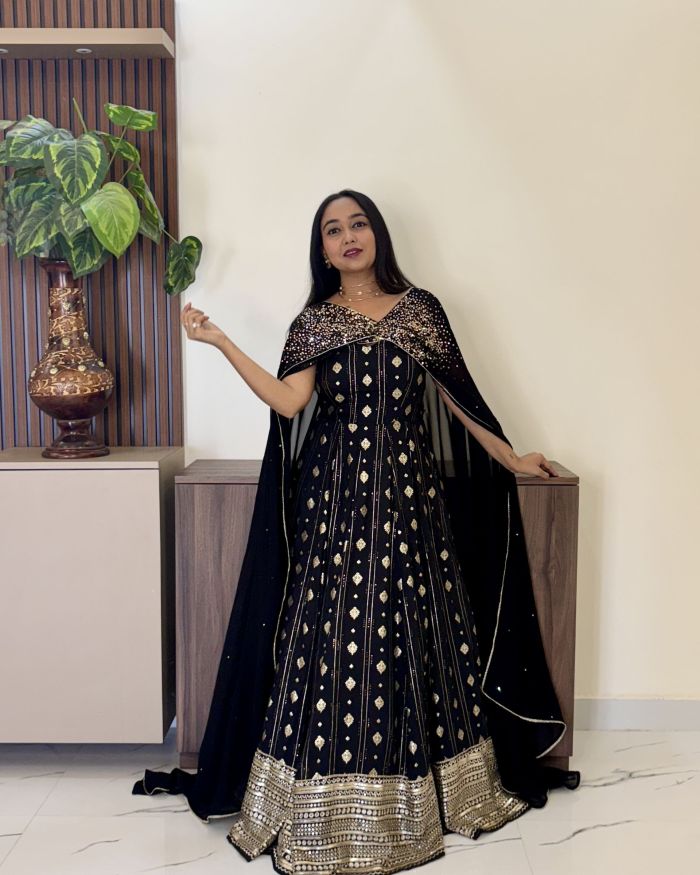 Black Flared Cocktail Gown with Detachable Hand Embroidered Dupatta Drape with Ring Detail