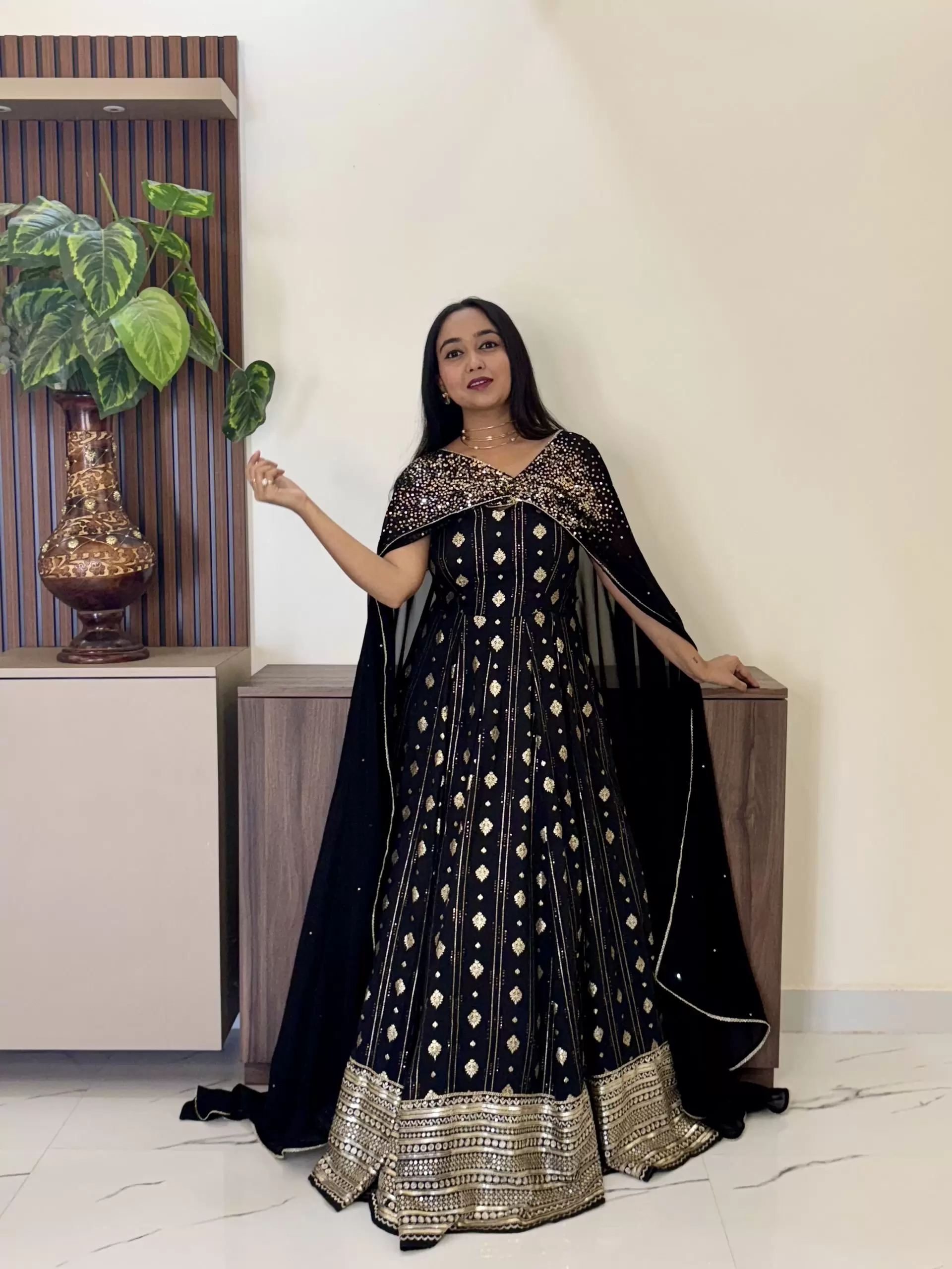 Black Flared Cocktail Gown with Detachable Hand Embroidered Dupatta Drape with Ring Detail