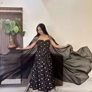 Black Flared Cocktail Gown with Detachable Hand Embroidered Dupatta Drape with Ring Detail