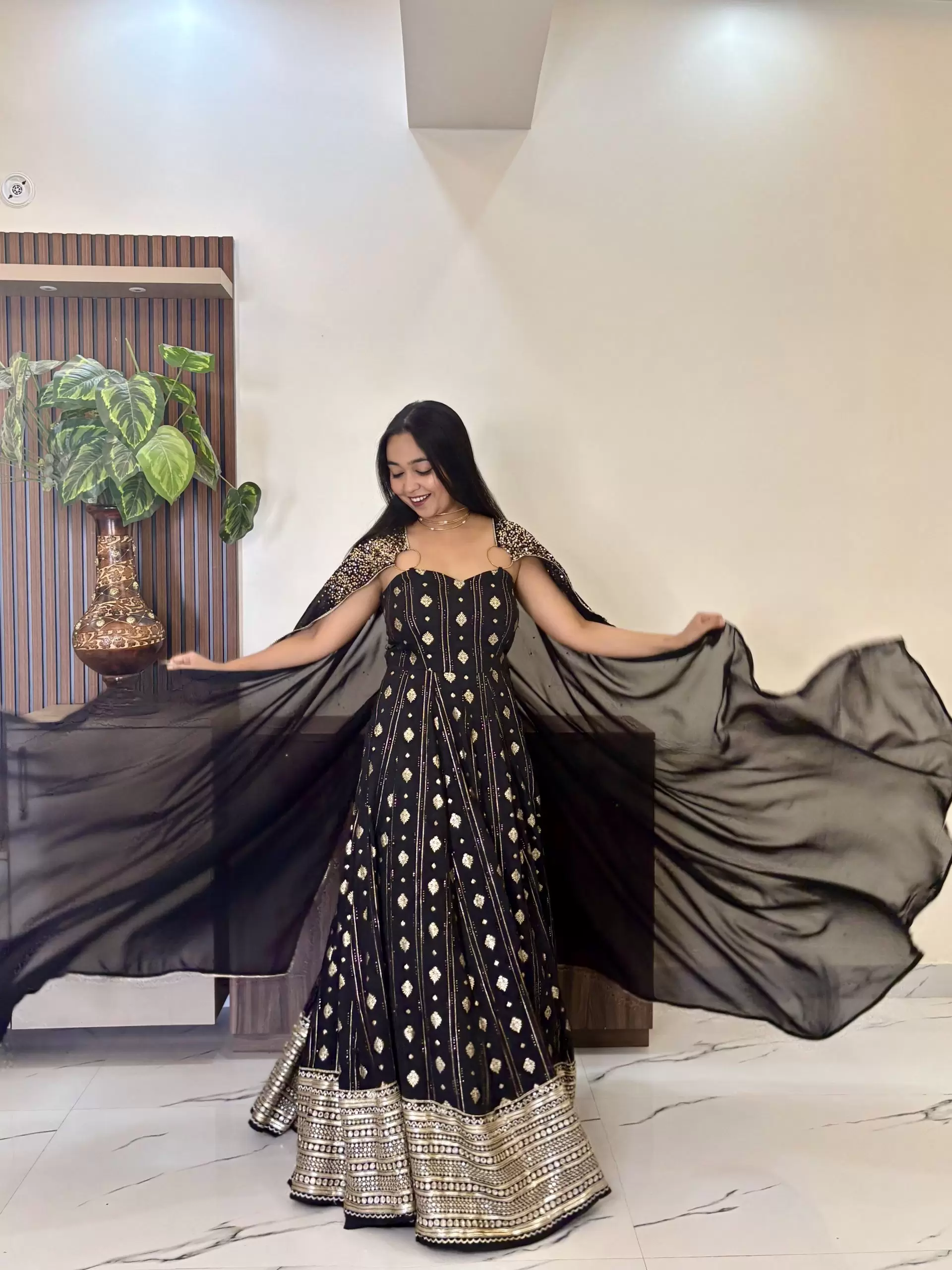 Black Flared Cocktail Gown with Detachable Hand Embroidered Dupatta Drape with Ring Detail