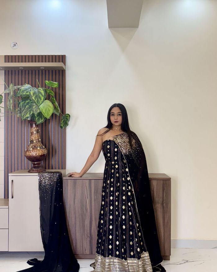 Black Flared Cocktail Gown with Detachable Hand Embroidered Dupatta Drape with Ring Detail