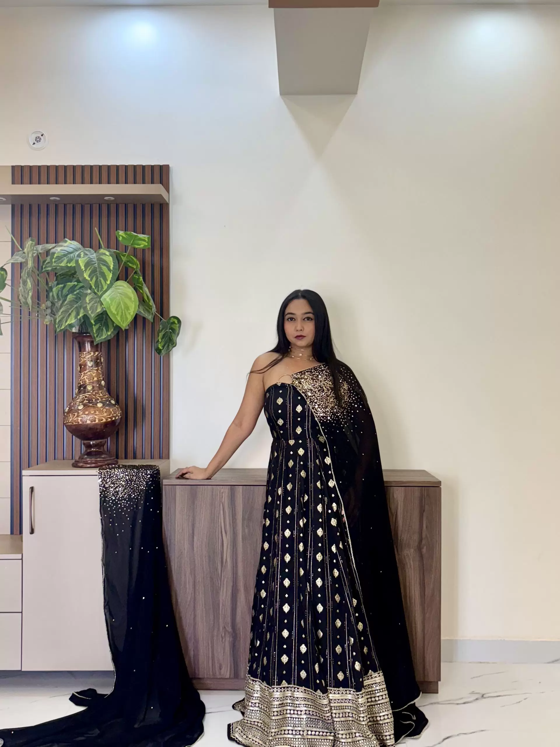 Black Flared Cocktail Gown with Detachable Hand Embroidered Dupatta Drape with Ring Detail