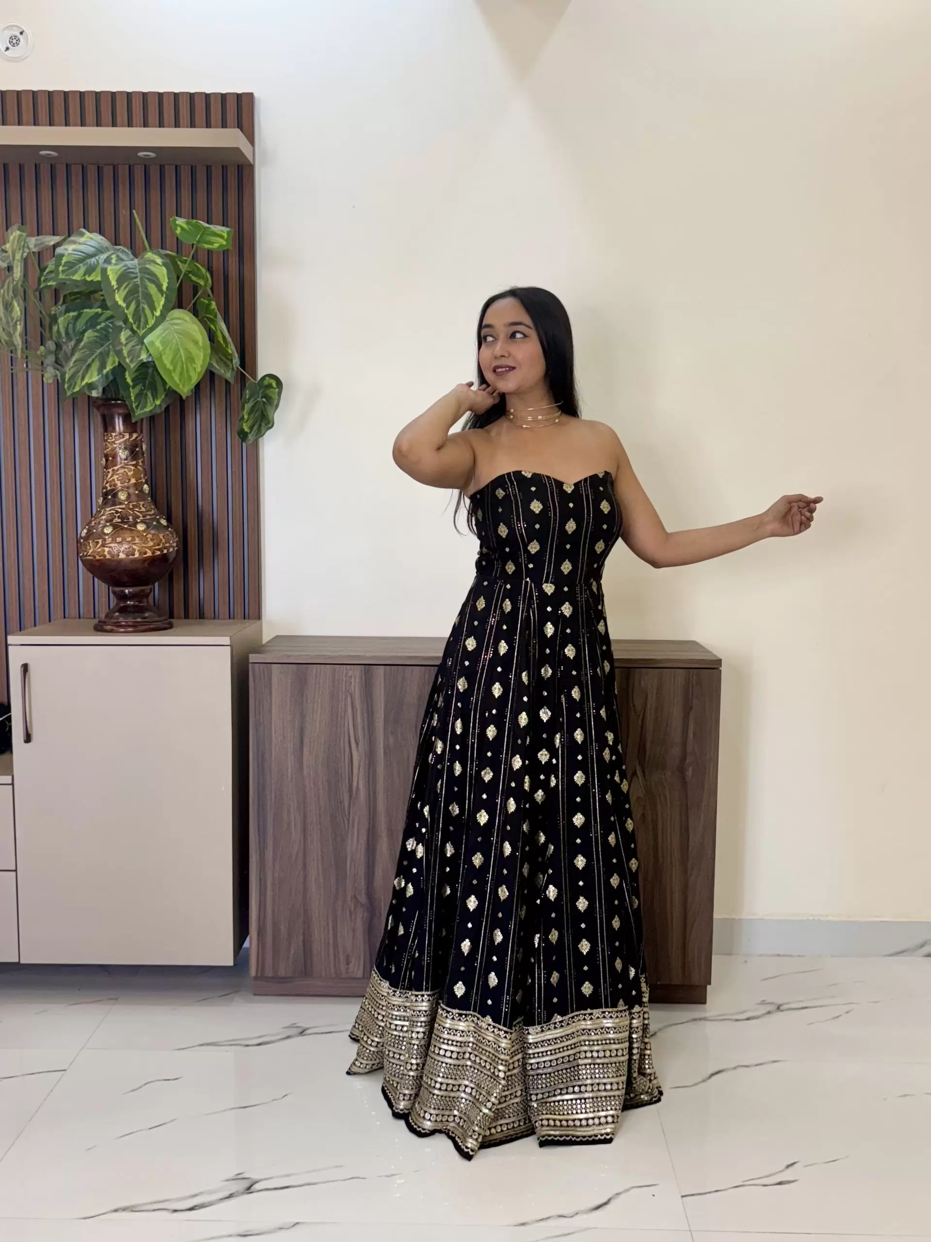 Black Flared Cocktail Gown with Detachable Hand Embroidered Dupatta Drape with Ring Detail