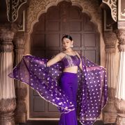 Purple 3 piece Organaza banarasi Cape and Hand Embroidered Bell bottom Pants with Banarasi silk Blouse