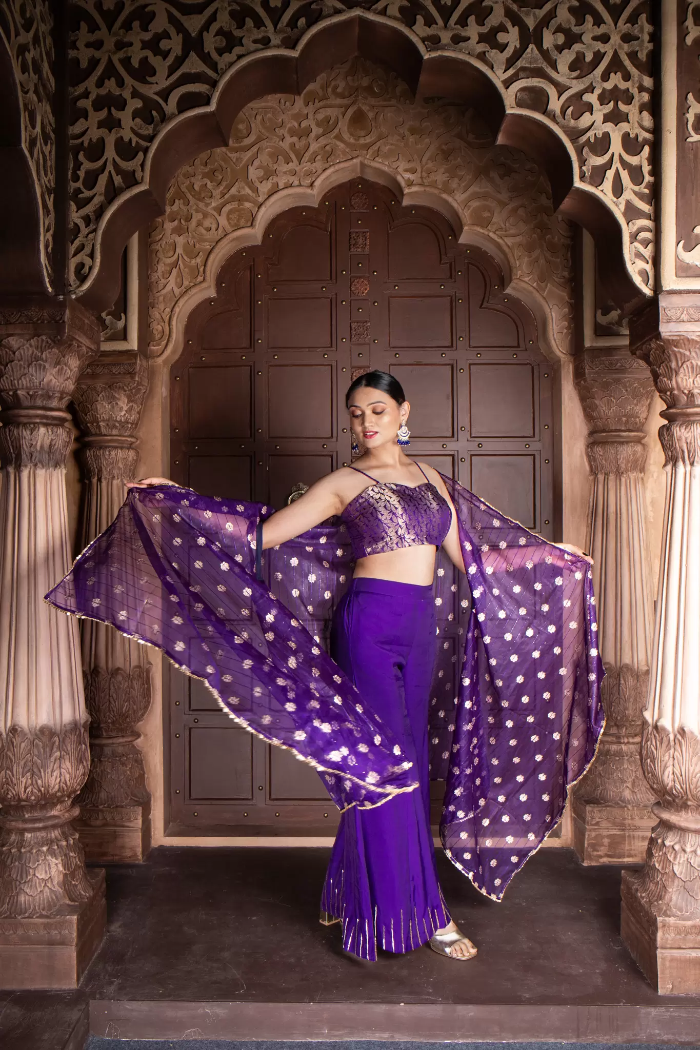 Purple 3 piece Organaza banarasi Cape and Hand Embroidered Bell bottom Pants with Banarasi silk Blouse