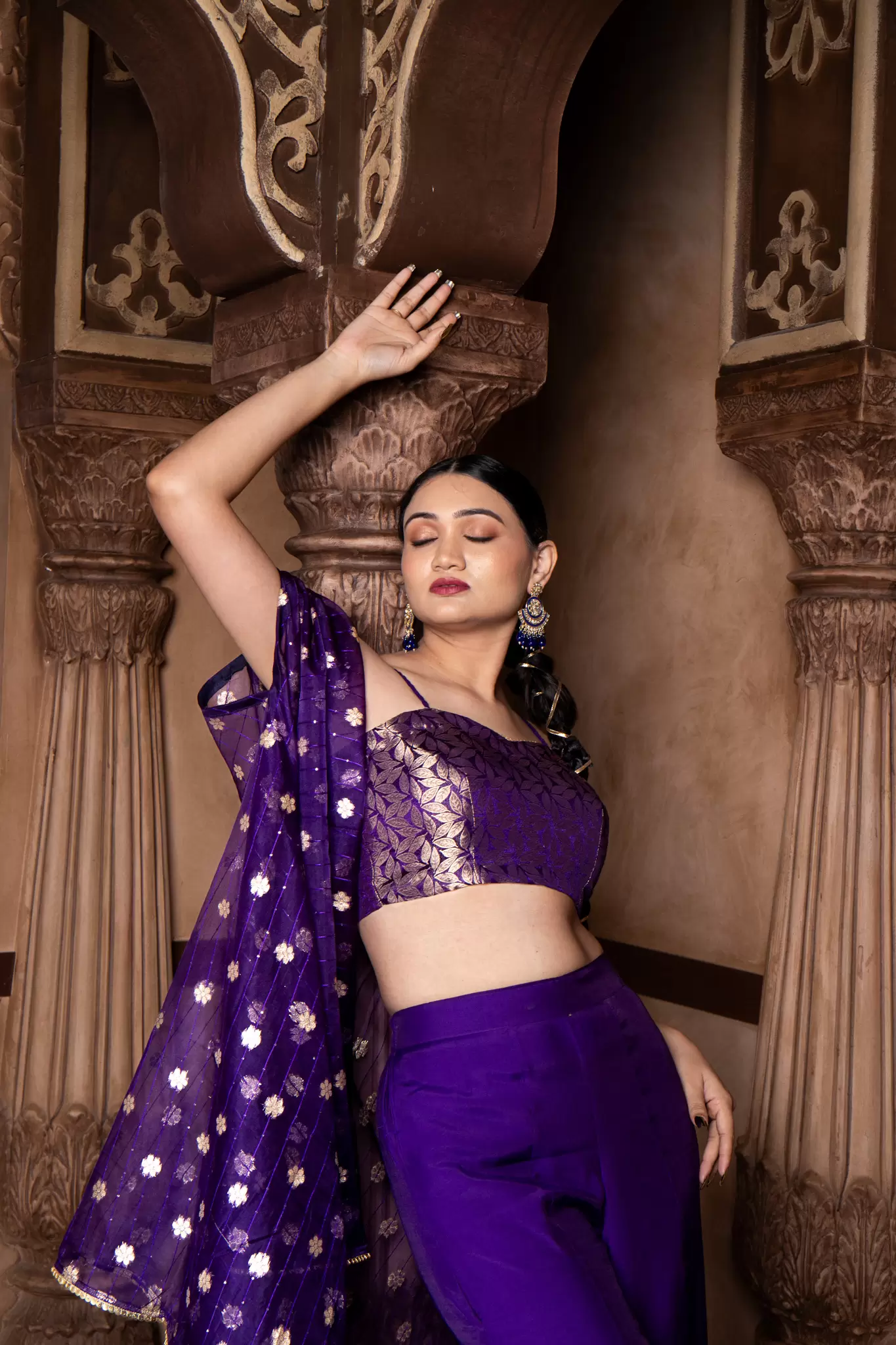 Purple 3 piece Organaza banarasi Cape and Hand Embroidered Bell bottom Pants with Banarasi silk Blouse