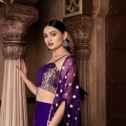 Purple 3 piece Organaza banarasi Cape and Hand Embroidered Bell bottom Pants with Banarasi silk Blouse