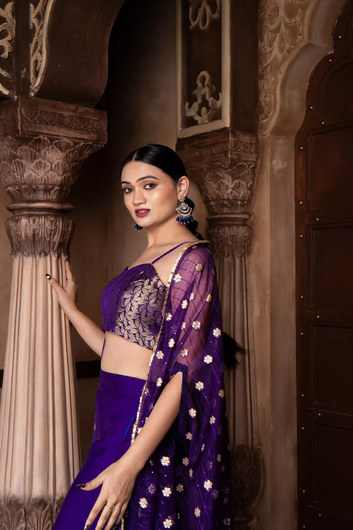 Purple 3 piece Organaza banarasi Cape and Hand Embroidered Bell bottom Pants with Banarasi silk Blouse