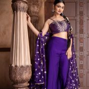 Purple 3 piece Organaza banarasi Cape and Hand Embroidered Bell bottom Pants with Banarasi silk Blouse