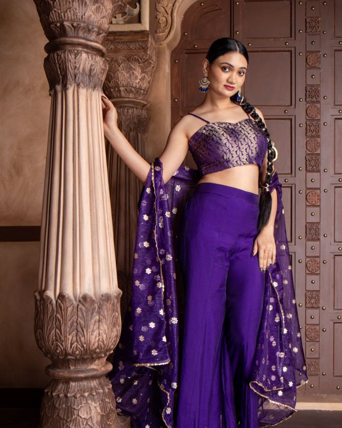 Purple 3 piece Organaza banarasi Cape and Hand Embroidered Bell bottom Pants with Banarasi silk Blouse