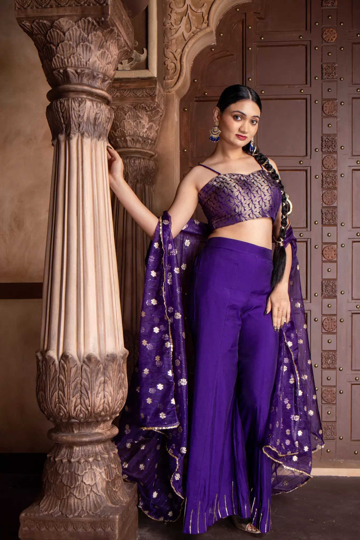 Purple 3 piece Organaza banarasi Cape and Hand Embroidered Bell bottom Pants with Banarasi silk Blouse