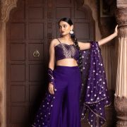 Purple 3 piece Organaza banarasi Cape and Hand Embroidered Bell bottom Pants with Banarasi silk Blouse