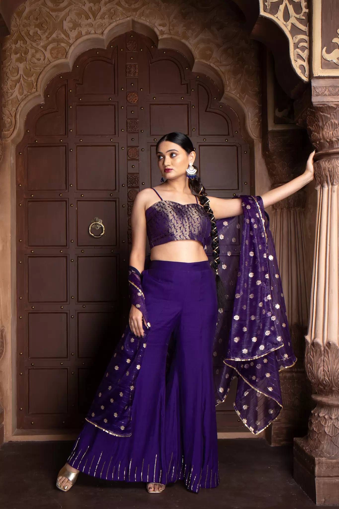 Purple 3 piece Organaza banarasi Cape and Hand Embroidered Bell bottom Pants with Banarasi silk Blouse