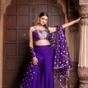 Purple 3 piece Organaza banarasi Cape and Hand Embroidered Bell bottom Pants with Banarasi silk Blouse