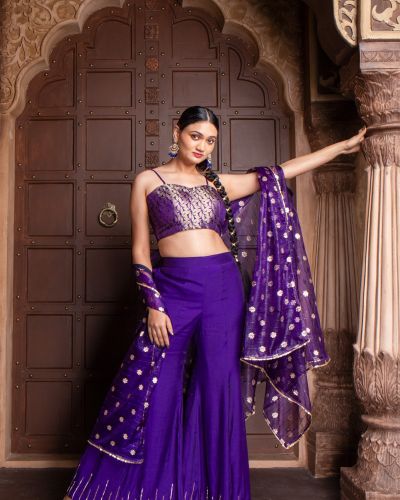 Purple 3 piece Organaza banarasi Cape and Hand Embroidered Bell bottom Pants with Banarasi silk Blouse