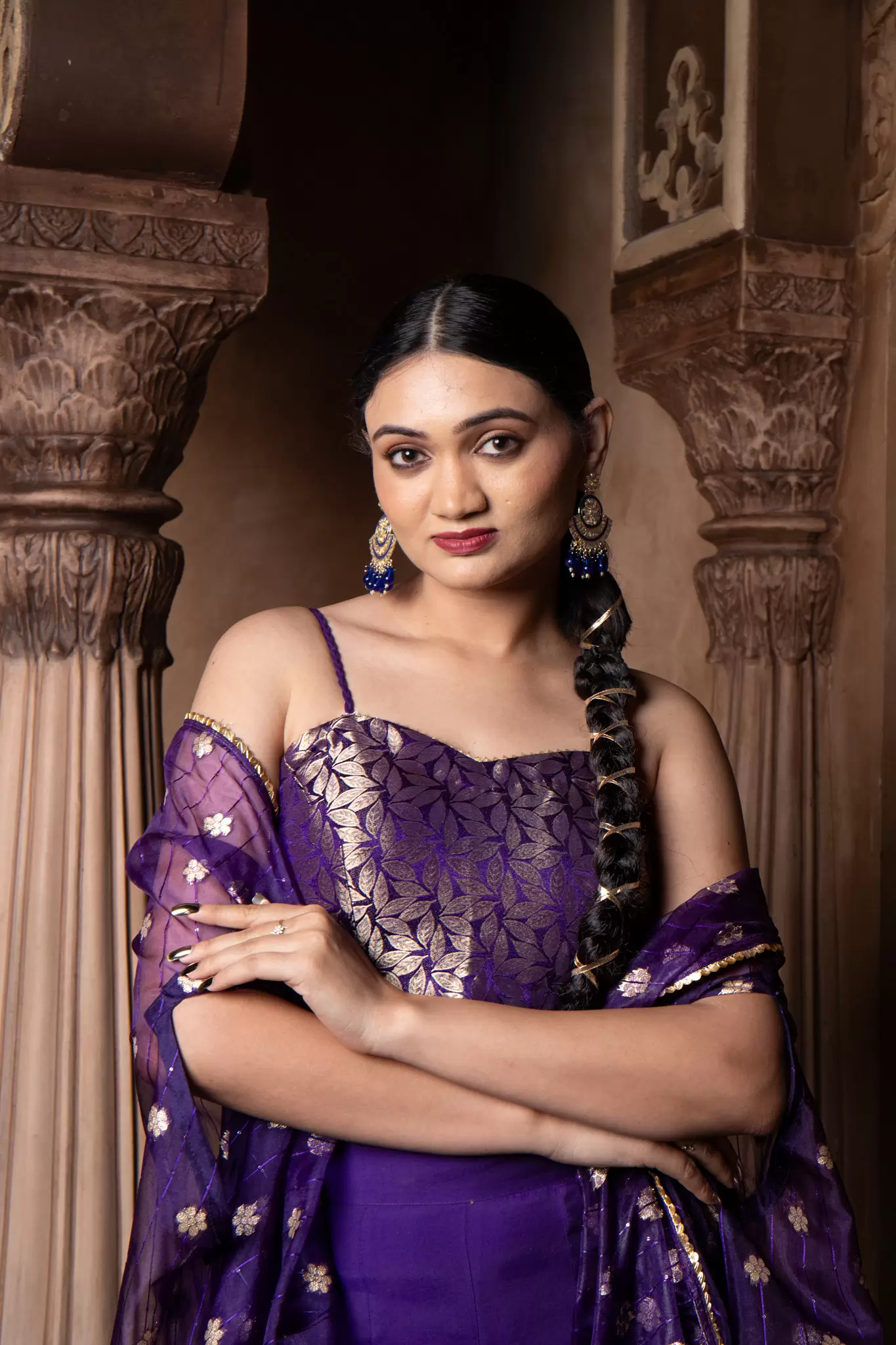 Purple 3 piece Organaza banarasi Cape and Hand Embroidered Bell bottom Pants with Banarasi silk Blouse