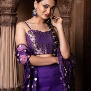 Purple 3 piece Organaza banarasi Cape and Hand Embroidered Bell bottom Pants with Banarasi silk Blouse