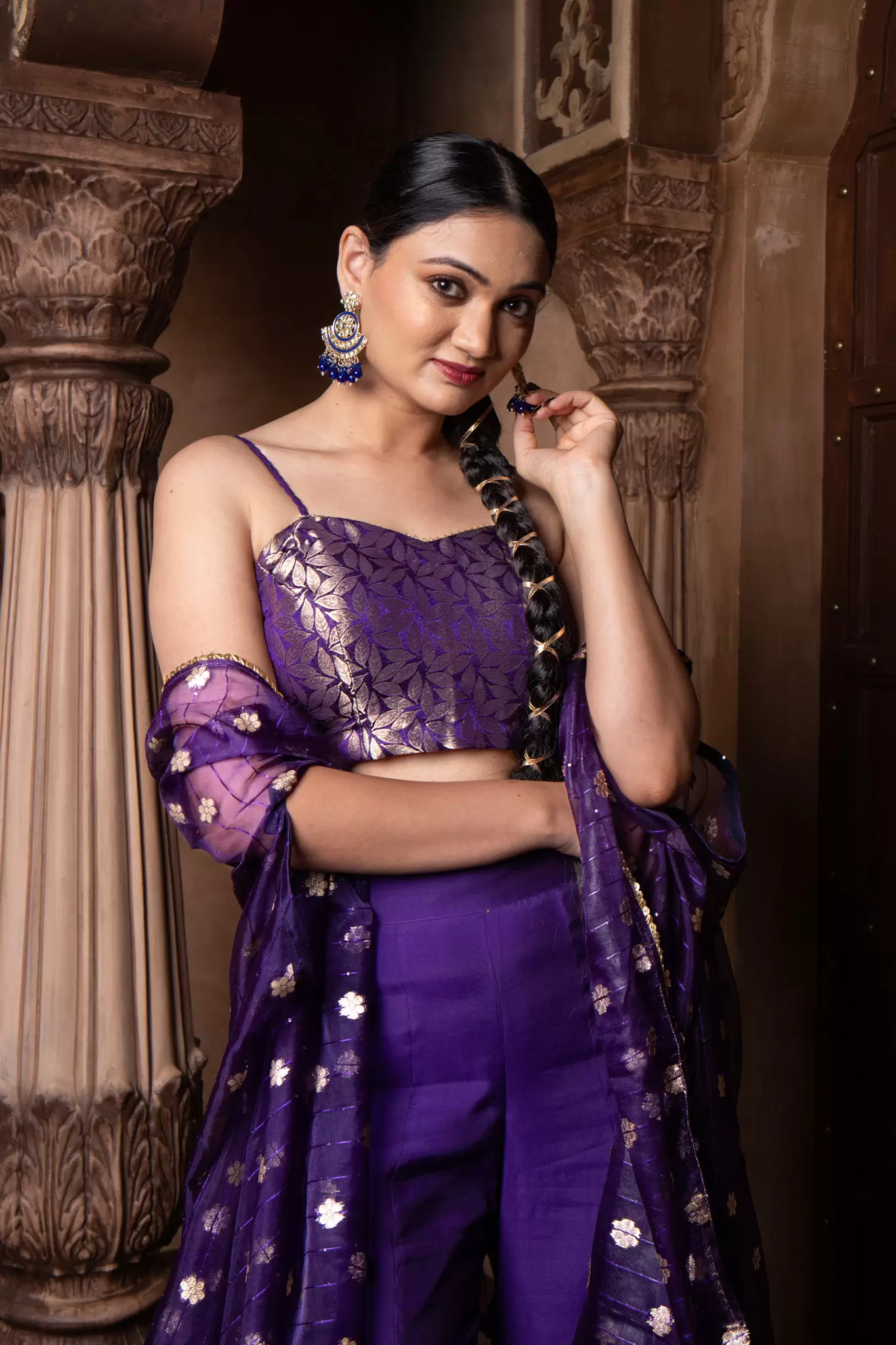 Purple 3 piece Organaza banarasi Cape and Hand Embroidered Bell bottom Pants with Banarasi silk Blouse