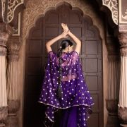 Purple 3 piece Organaza banarasi Cape and Hand Embroidered Bell bottom Pants with Banarasi silk Blouse