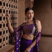 Purple 3 piece Organaza banarasi Cape and Hand Embroidered Bell bottom Pants with Banarasi silk Blouse