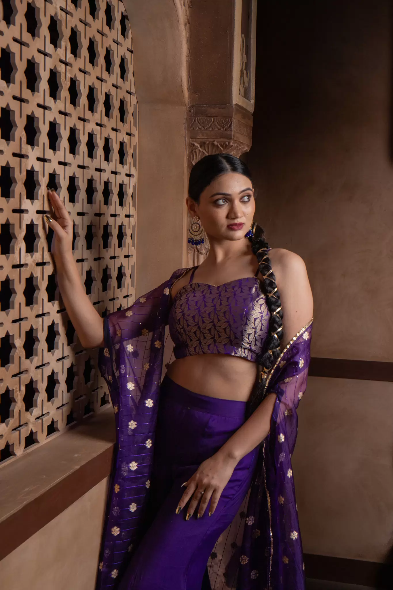 Purple 3 piece Organaza banarasi Cape and Hand Embroidered Bell bottom Pants with Banarasi silk Blouse
