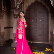 Rani Pink One Shoulder Sharara Suit set in Banarasi silk