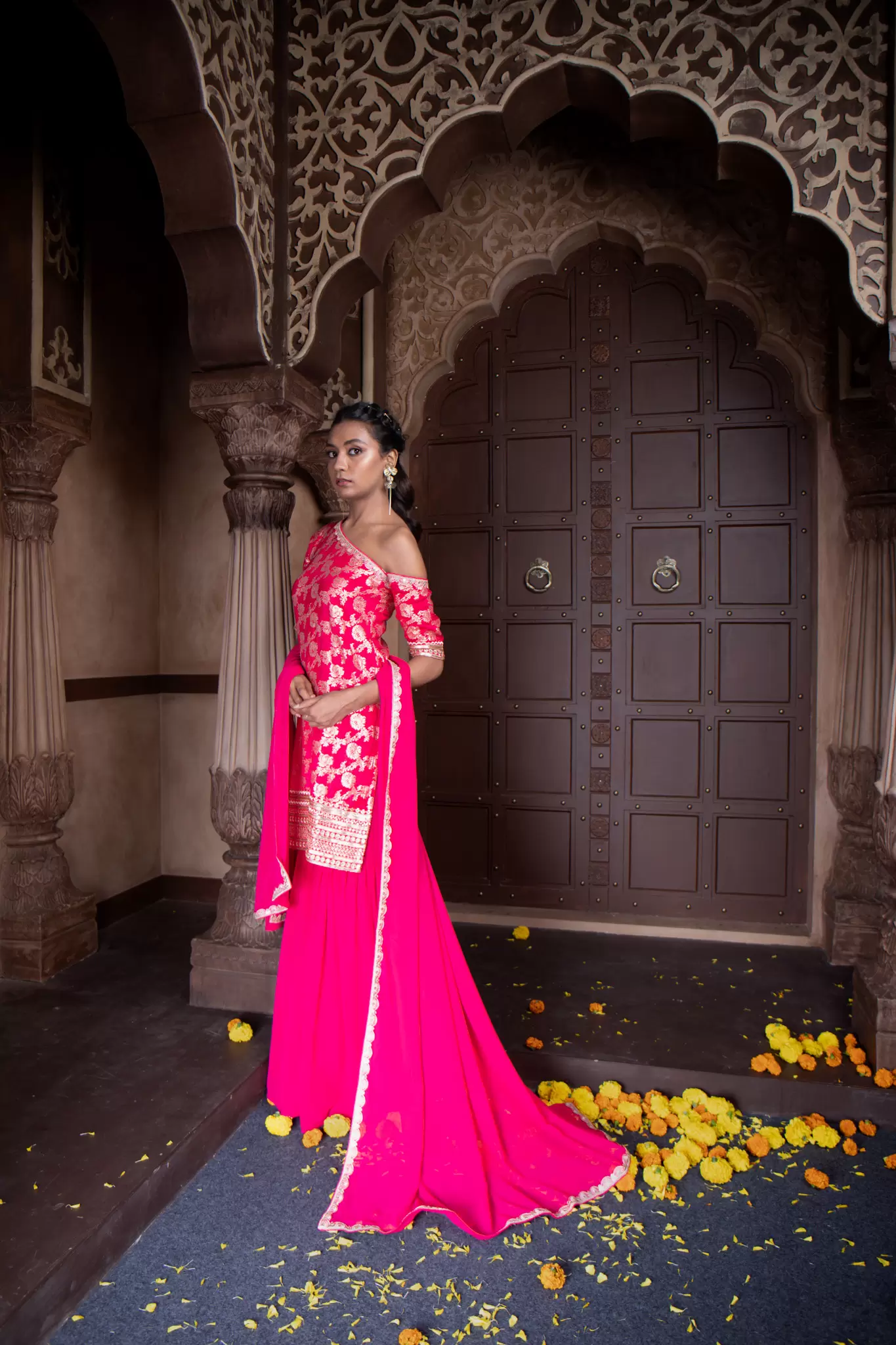 Rani Pink One Shoulder Sharara Suit set in Banarasi silk