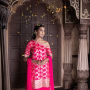 Rani Pink One Shoulder Sharara Suit set in Banarasi silk