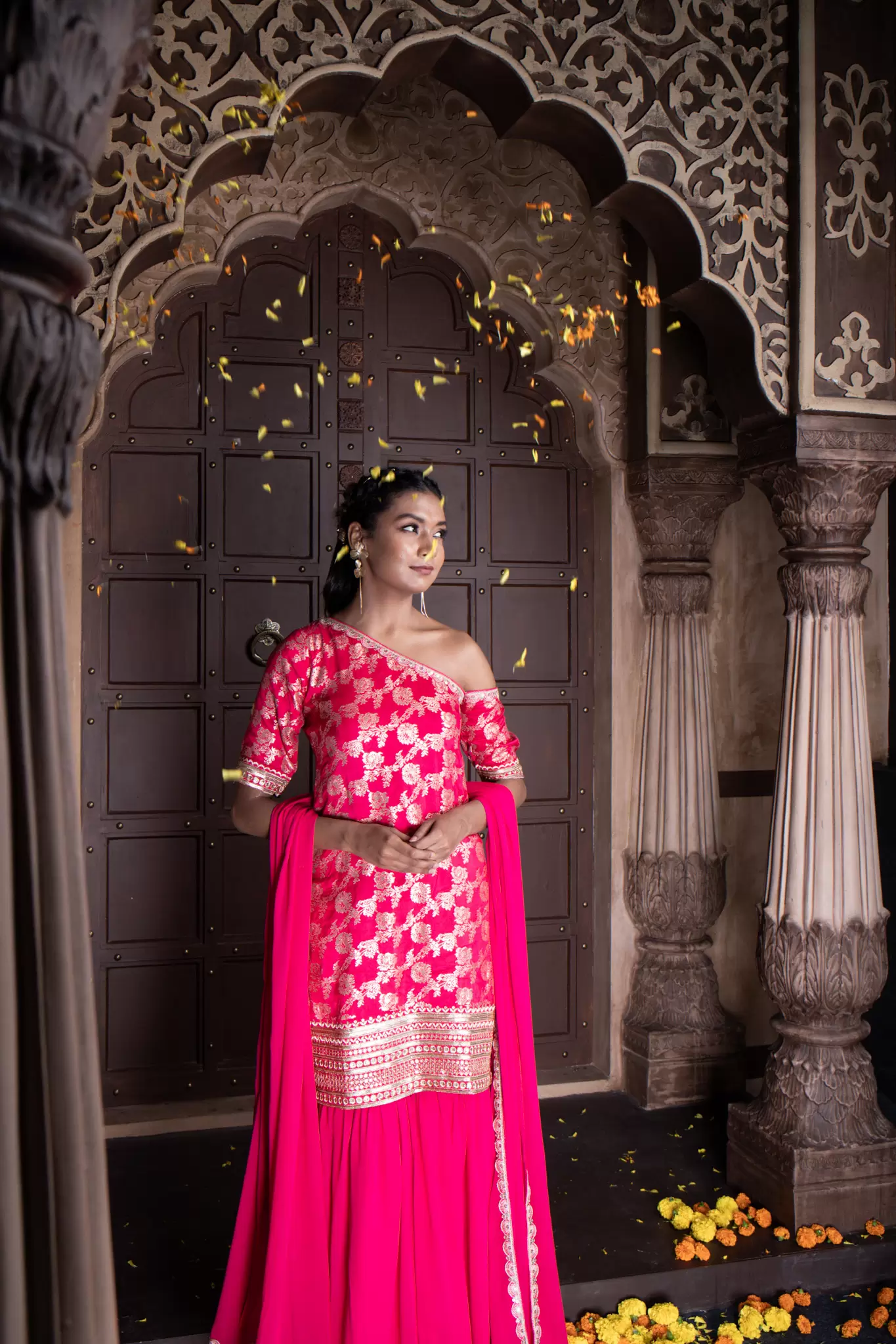 Rani Pink One Shoulder Sharara Suit set in Banarasi silk