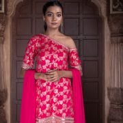 Rani Pink One Shoulder Sharara Suit set in Banarasi silk