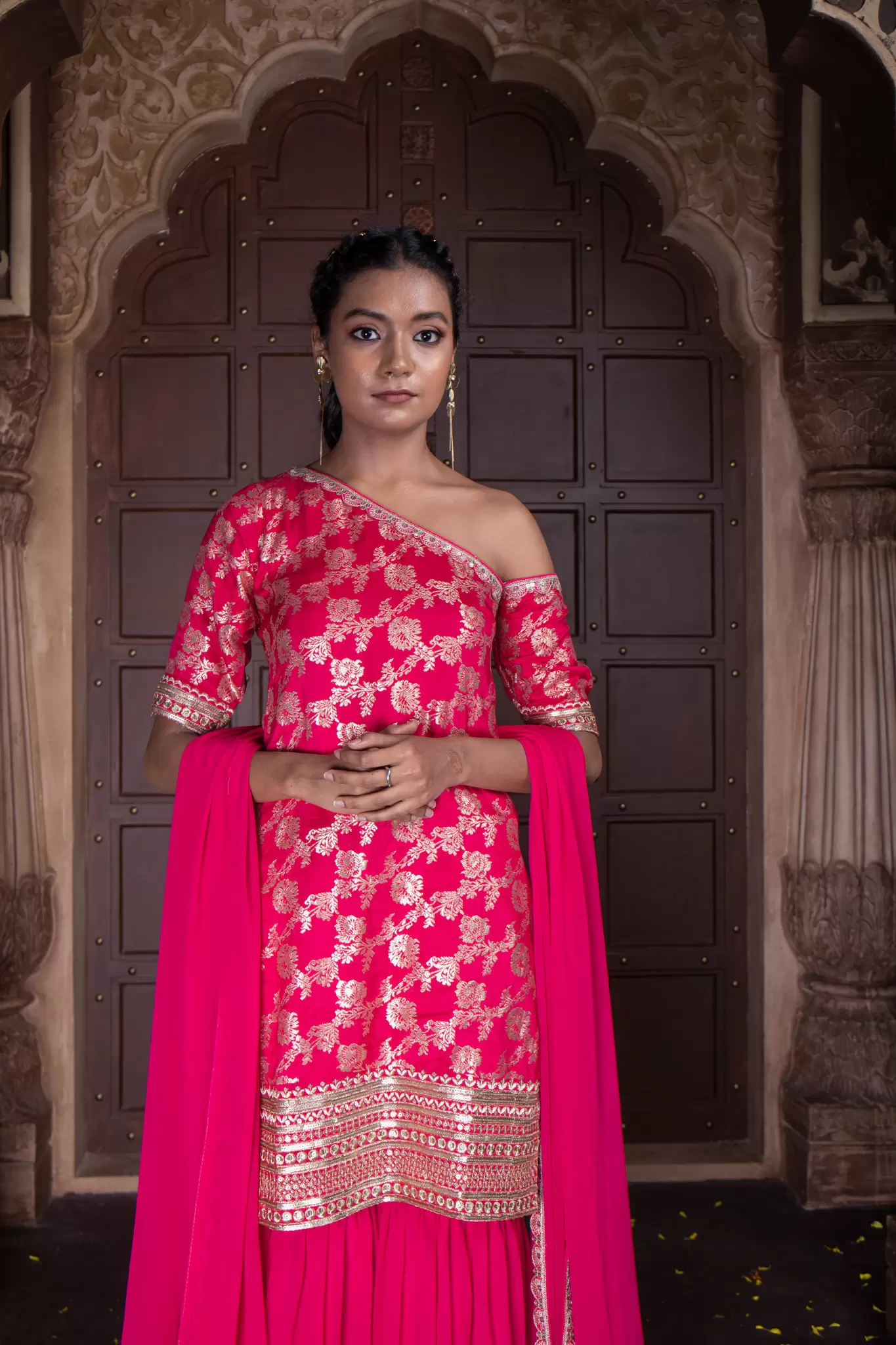 Rani Pink One Shoulder Sharara Suit set in Banarasi silk