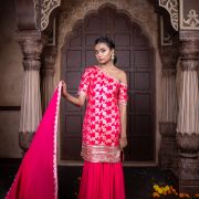 Rani Pink One Shoulder Sharara Suit set in Banarasi silk