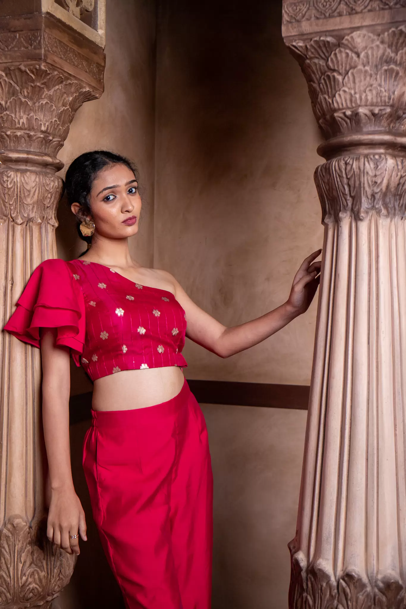 Rani Pink Co ord set with asymmetric cut and ruffle Sleeve with Bell Bottom Pants