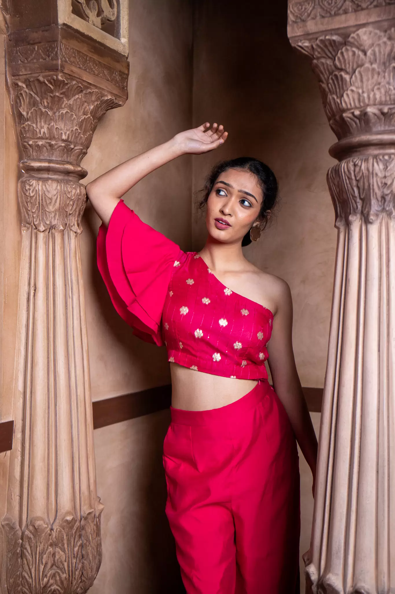 Rani Pink Co ord set with asymmetric cut and ruffle Sleeve with Bell Bottom Pants